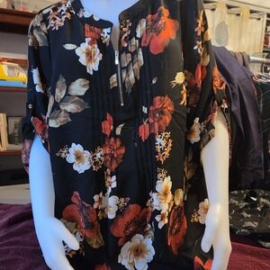 Avenue Black Floral Blouse with Red and White Accents